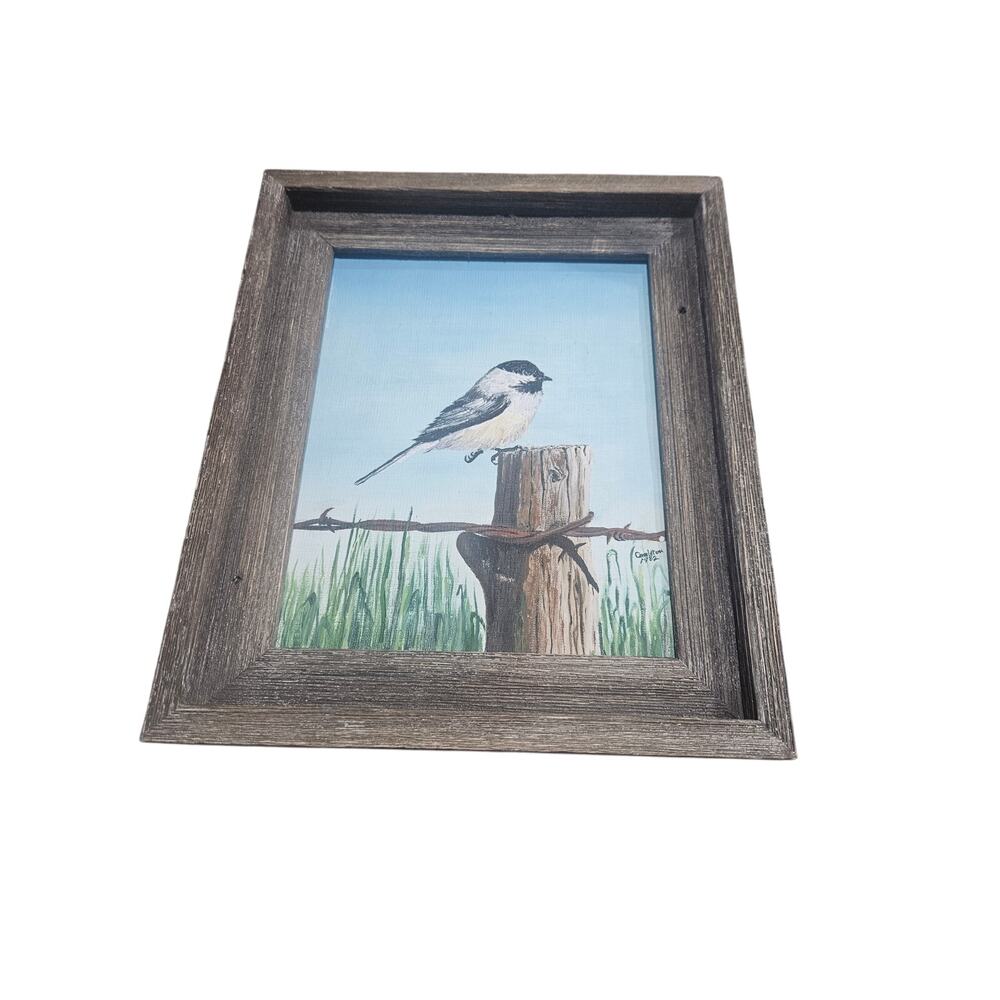 Chickadee Hand Painted Art in rustic Frame 1982